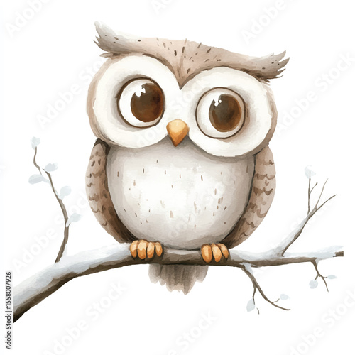 Watercolor Owl Perched on a Snowy Branch with Large Brown Eyes
