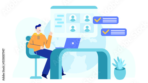 Man completing tasks online at his desk, suitable for business, productivity, work from home, office, technology, remote work concepts.