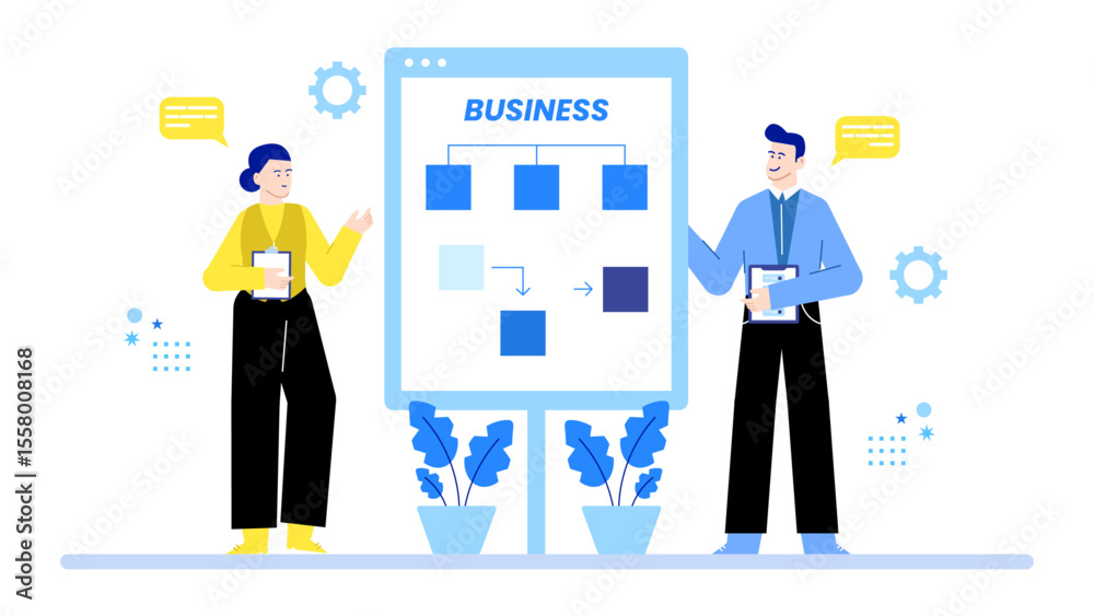 Fototapeta premium Colleagues illustrating a business flowchart plan suitable for presentations, teamwork, strategy discussions, office collaboration, project management concepts.
