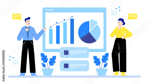 Business presentation with bar and pie charts suitable for marketing materials, reports, presentations, and educational content on data analysis.