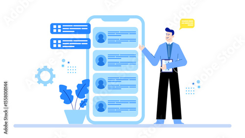 Man showcasing a mobile app profile data screen; suitable for technology, application, data analysis, mobile development concepts.