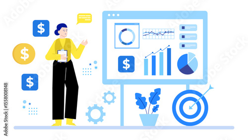 Title Woman presenting financial data and achieving goals. Suitable for finance blogs, business presentations, marketing materials, and educational content.