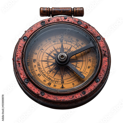 Vintage nautical compass with a weathered red brass casing and water droplets scattered across its surface isolated on transparent background