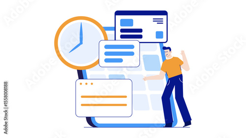 Man engaging with digital calendar and forms, suitable for business presentations, organizational concepts, technology articles, and digital task management content.