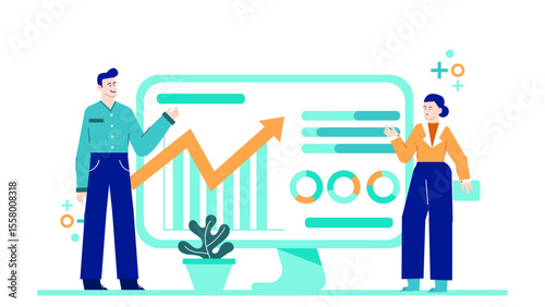 Two colleagues analyzing business charts with growth trends, suitable for presentations, reports, websites, and articles on business success.