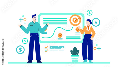 Two colleagues discuss a financial plan with profit growth and targets displayed, suitable for business and finance concepts.