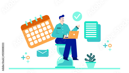 Man works on laptop with hourglass and calendar; symbolizing time management, productivity, deadlines, schedules, remote work, and planning concepts.