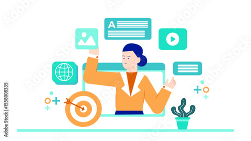 Woman presenting online content marketing goals. Perfect for webinars, presentations, social media posts, blog graphics, and marketing campaigns.