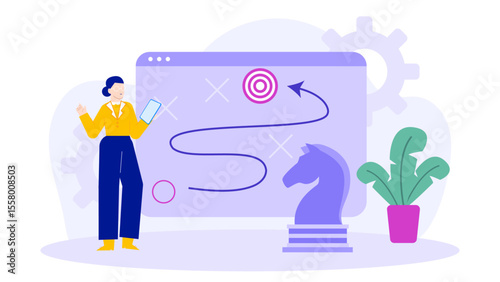 Woman strategizing near a chess knight. Great for marketing strategy concepts, business planning, decision making visuals, and leadership themes.