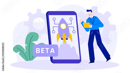 Man launching a beta app on a phone, suitable for technology blogs, app development articles, software testing concepts, digital innovation themes.