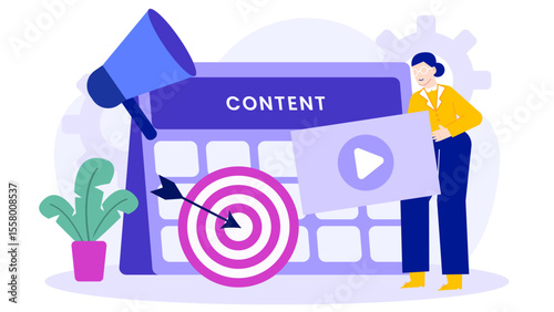 Content calendar featuring a target video and megaphone. Ideal for social media marketing campaigns, advertising schedules, promotional strategies.