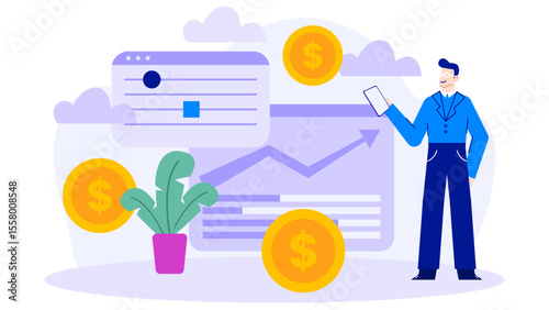 Man analyzing financial data and growth, suitable for business presentations, reports, articles, or finance related websites and blogs.