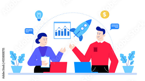 Two colleagues discussing a business plan suitable for presentations, reports, and articles related to strategy and teamwork.