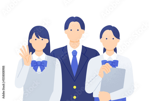 ブレザーの制服を着た男女3人組 高校生を応援 ベクターイラスト素材