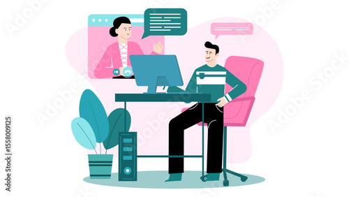 Virtual meeting between a man and woman. Suitable for business, online communication, remote work, technology, video conference, telecommuting concepts.
