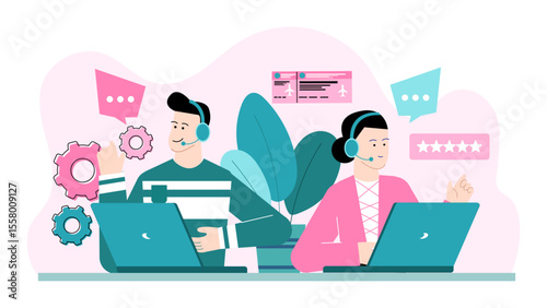 Two travel agents assist customers with laptops. Perfect for travel agency website, brochures, or social media posts about booking services.