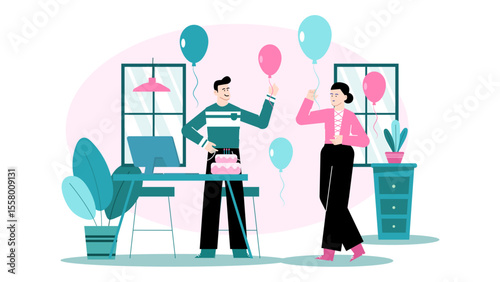 Two people celebrating birthday with cake, balloons, and a computer. Suitable for birthday, celebration, tech related concepts, online party planning.