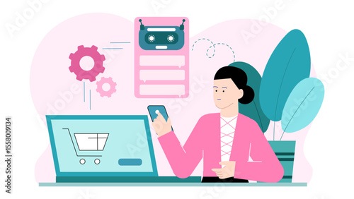 Woman chats with shopping bot on laptop, selecting items. Creative ecommerce concept for web design, social media, marketing materials.