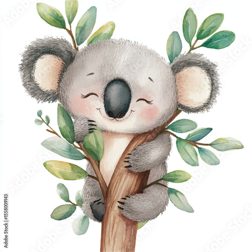 Watercolor Koala Hugging a Branch with Eucalyptus Leaves Eyes Closed