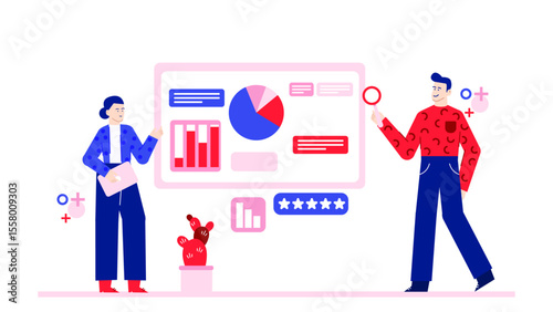 Two people examine data charts on a screen, suitable for business presentations or analytical reports on data analysis and reviews.