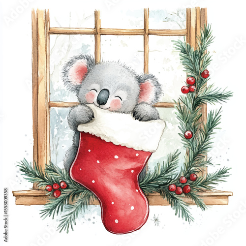 Watercolor Koala Hugging a Red Christmas Stocking by a Snowy Window