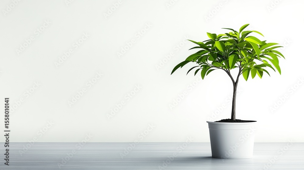 Obraz premium Serene Potted Plant in Neutral Space: A solitary potted plant stands serenely in a minimalist interior, its vibrant leaves contrasting against the clean, neutral background.
