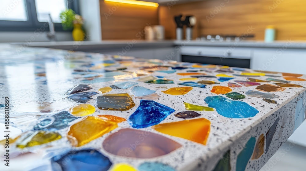 Vibrant mosaic countertop in modern kitchen. Vibrant mosaic countertop in modern kitchen.