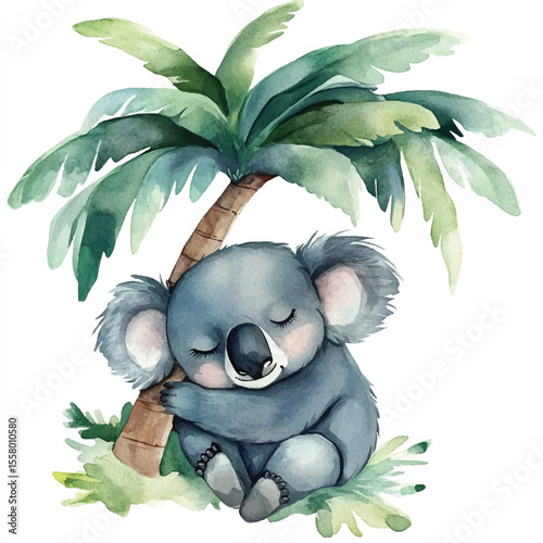 Watercolor Koala Snuggling Palm Tree Peaceful Slumber Under Lush Greenery