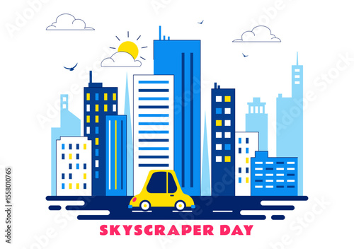 Skyscraper Day Illustration on September 3 Featuring City Infrastructure, Public Spaces, Urban Buildings, and a Modern Skyscraper in a Background