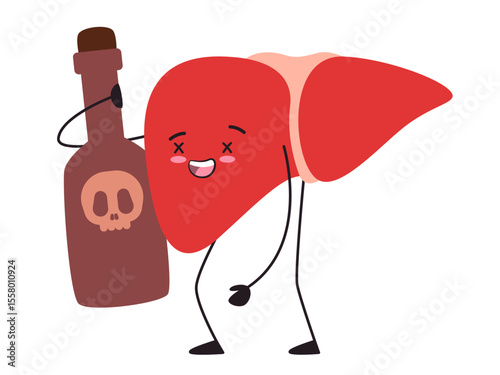 Liver poisoning alcoholic toxins drink addiction hepatic unhealthy character adorable cute of organ anatomical with facial expression