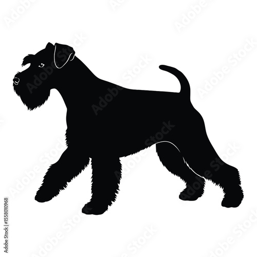A majestic black silhouette of a Schnauzer dog. It has a strong posture, with its tail held high. The details showcase the breed's unique features, making it easy to identify