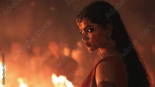 Draupadi stands defiantly amidst flames, embodying strength and resilience. This scene evokes the Mahabharata, highlighting her vow of hair as a symbol of honor.