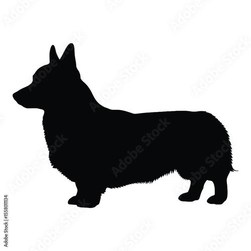 A minimalist black silhouette of a Corgi dog in profile. This image captures the essence of the breed with its distinctive features