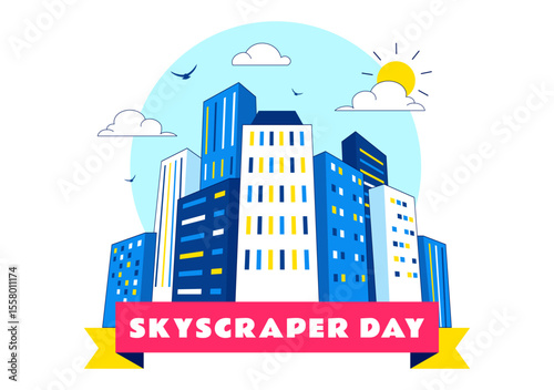 Skyscraper Day Illustration on September 3 Featuring City Infrastructure, Public Spaces, Urban Buildings, and a Modern Skyscraper in a Background