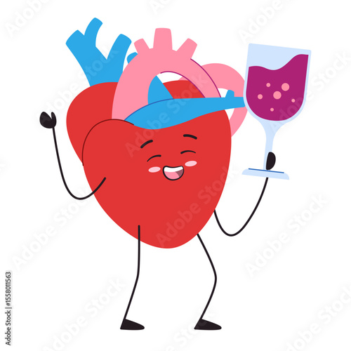 Heart drinking red wine character adorable cute of organ anatomical with facial expression alcohol addiction