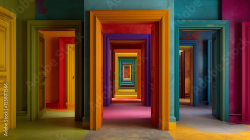 Abstract surreal doorways stacked inside each other in vivid color palettes with high saturation  poster print