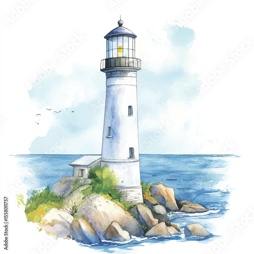 Watercolor Lighthouse on Rocky Coast with Birds and Ocean View
