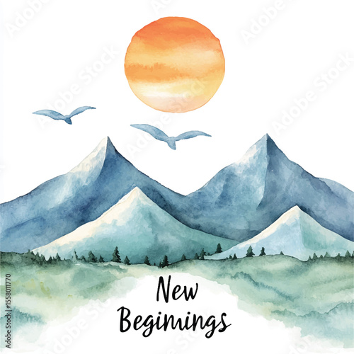 Watercolor Landscape Depicting Mountains Birds and a Glowing Sun