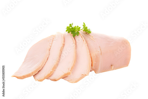 Delicious sliced turkey breast with parsley garnish presented against a transparent background for seamless integration into diverse designs, silhouette