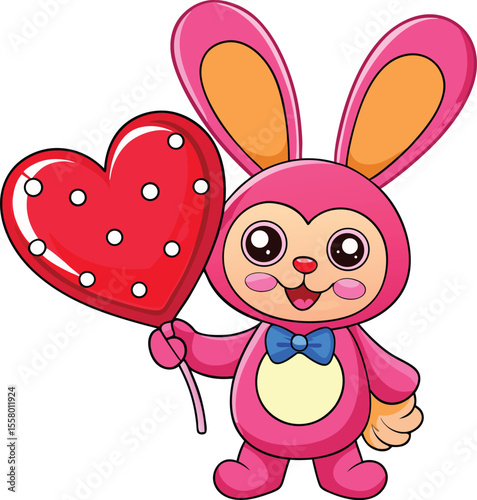  Bunny holding heart balloon, kawaii cartoon character, outline vector on white