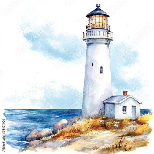 Watercolor Lighthouse on Rocky Coast with Glowing Beacon and Small Building