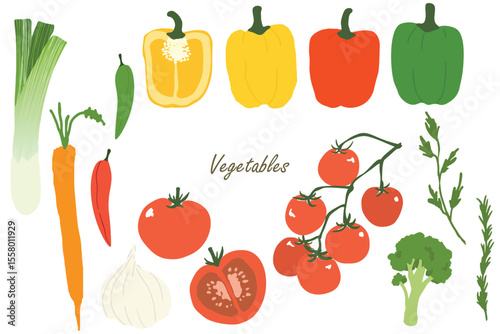 Set of vegetables colorful of freshly picked summer carrots, radish, tomatoes, broccoli, bell pepper, chillies and beetroot isolated on a white background.