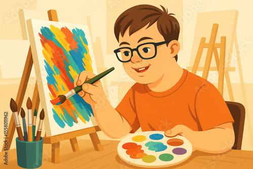 Teenage Boy with Down Syndrome Painting Colorful Canvas in Art Studio Vibrant Creative Illustration