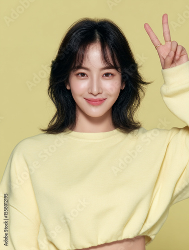 Korean Beauty Model on Yellow Background, AI Portrait of Asian Woman in Yellow, Korean Female Beauty Editorial Image, Yellow Background K-beauty Stock Photo, AI Asian Beauty Shot