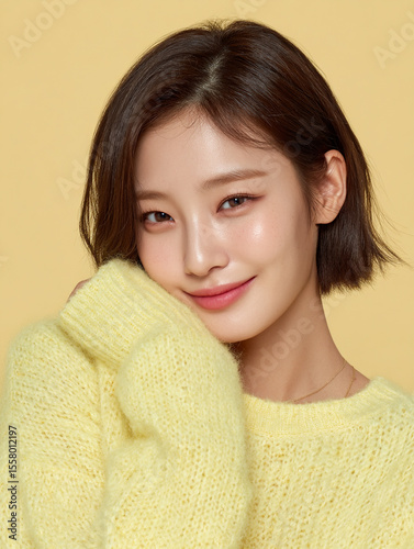 Korean Beauty Model on Yellow Background, AI Portrait of Asian Woman in Yellow, Korean Female Beauty Editorial Image, Yellow Background K-beauty Stock Photo, AI Asian Beauty Shot