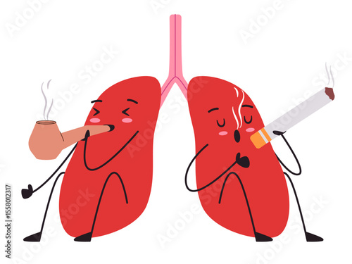 Lungs smoking character adorable cute of organ anatomical with facial expression tobacco cigarette unhealthy lung
