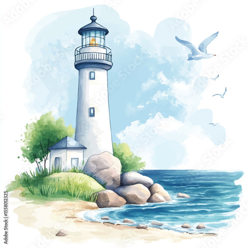 Watercolor Lighthouse on Rocky Shoreline with Flying Seagulls and Ocean View