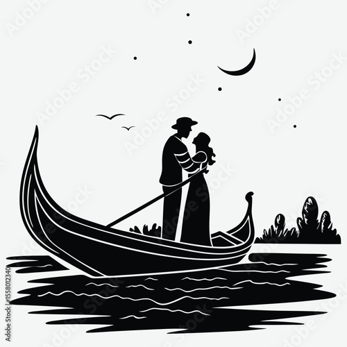 A couple on a romantic gondola ride at dusk image silhouette design vector art and illustration