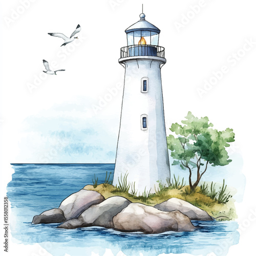 Watercolor Lighthouse with Flying Seagulls on Rocky Island Guiding Ships at Sea