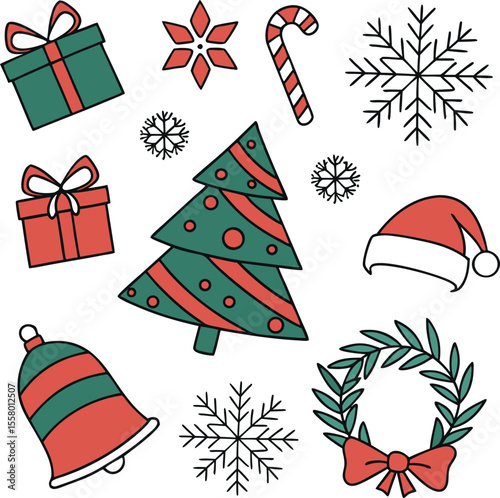 "Flat Style Christmas Elements Set – Santa Hat, Gift Boxes, Snowflakes, Holiday Tree, Bell, Decorations"

